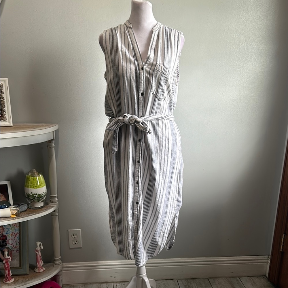 GAP White and Gray Striped Sleeveless Button-Front Dress
